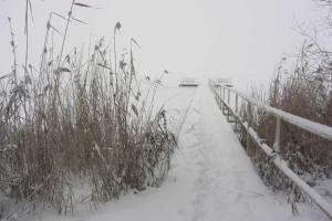 a snow covered path with a fence and some grass at Ferienwohnungen Appartements - Ferienhaus Müritzstern in Marienfelde
