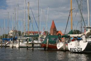 a group of boats docked at a dock in the water at Ferienwohnung mit Meerblick, Balkon und Kamin OFC 06 in Roggow