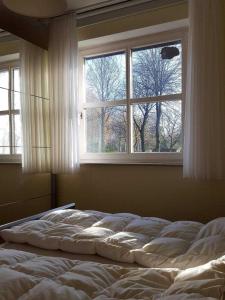 an unmade bed in a bedroom with a window at Oberbremer, Heidweg 6 in Nieblum
