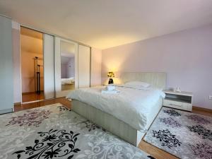 a bedroom with a large bed and a mirror at The Salin House in Turda