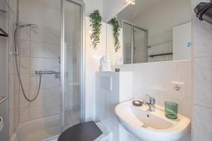 a bathroom with a sink and a shower and a toilet at fewo1846 - Strandresidenz Wassersleben AHOI - strandnahes Studioapartment im Dachgeschoss in Harrislee +19 photos