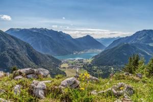 a view of a valley in the mountains at Chalets Grossmitt in Pertisau +17 photos