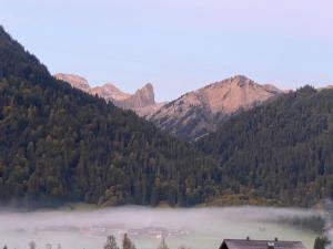 a misty valley with mountains in the background at Appartement Holderstauden in Schoppernau +26 photos