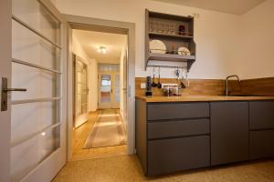 a kitchen with a sink and a door to a hallway at Idyllische Ruhe Der Villa Hedwig in Kurort Gohrisch +4 photos