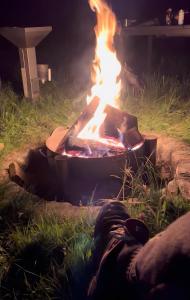 a person laying in the grass next to a fire at Idyllische Ruhe Der Villa Hedwig in Kurort Gohrisch