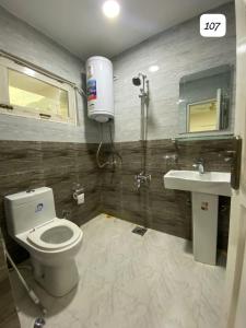 a bathroom with a toilet and a sink at River View Hotel Shigar in Shigar