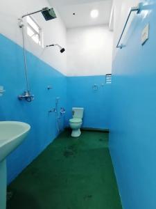 a blue bathroom with a toilet and a sink at Ella Mountain Inn in Ella