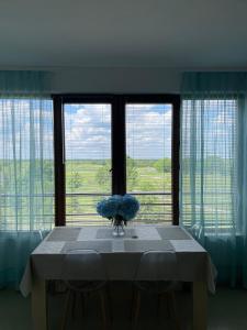 a table with a vase of flowers in front of a window at M&V House in Balchik