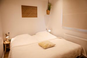 a white bed in a room with a plant on the wall at Mooi Chalet met sauna in hartje Zeeland VP080 in Heinkensand +38 photos