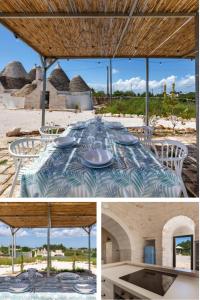 a table with a blue and white patterned table cloth at Stylish Trullo Pool Villa in Martina Franca +40 photos
