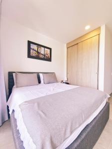 a bedroom with a large white bed with a wooden door at VILLA LILI Santa Marina Santa Marta in Santa Marta +13 photos
