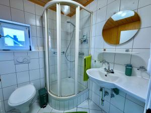 une salle de bain avec une douche, des toilettes et un lavabo dans l'établissement Family Apartment Bayreuth Festspielhaus, à Bayreuth