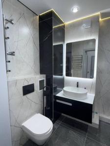 a bathroom with a toilet and a sink and a mirror at Жк Development in Bishkek