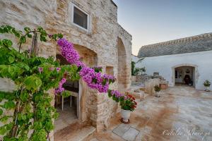 una casa de piedra con flores púrpuras en un patio en Masseria Luco en Martina Franca