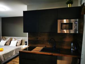 a kitchen with a sink and a microwave and a bed at Vinobike Morava Gold Residence in Moravská Nová Ves