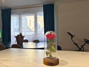 a red rose in a vase on a table at Bezons Golden - 3 chambres - 3min du Tramway #SirDest in Bezons +12 photos