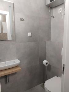 a bathroom with a sink and a toilet and a mirror at Apartments Lukas 7 in Zadar +3 photos