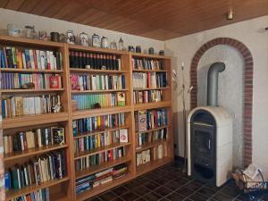 a room with book shelves filled with books and a fireplace at Ferienhaus zum Schornsteinfeger in Bad Bevensen