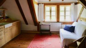 a living room with a couch and a window at Unterm Dach in Ulrichshusen +18 photos