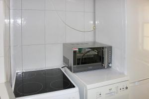 a microwave oven sitting on top of a dishwasher at Haus Zeitlos Brunnenblick in Lübbenau