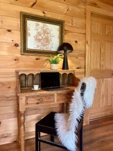 a desk with a laptop and a chair with feathers at Mossy Falls Cabin by Leavetown Vacations in Altamont