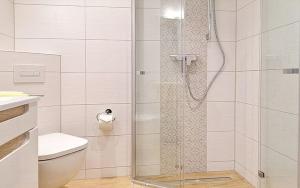 a shower with a glass door in a bathroom at Pension An der Kamske, DZ 3 in Lübbenau