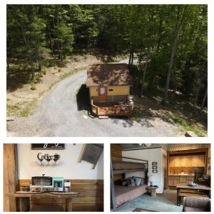 deux photos d'une maison dans les bois dans l'établissement The Country Cottage by On Cue Properties, à Ghent