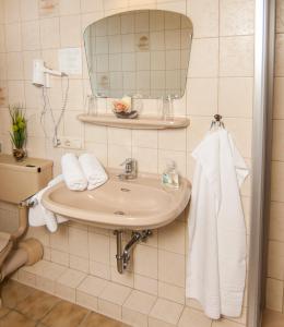 ein Bad mit einem Waschbecken und einem Spiegel in der Unterkunft Landgasthaus Zum Naturschutzpark in Bispingen