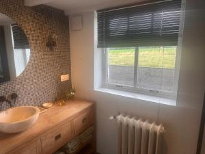 Un baño con lavabo, espejo y ventana. en Het Blauwhof,  44 fotos más