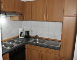 a kitchen with a sink and a counter top at Ferienwohnung - Orther Hafenblick in Orth
