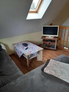 a living room with a tv and a coffee table at Ferienhaus LEA in Grabowhöfe