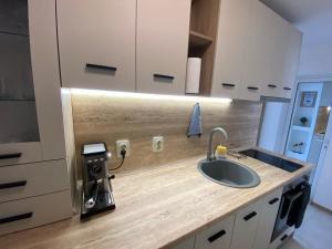 a kitchen with a counter with a sink and a counter at Апартамент "Smiley Place" in Vratsa
