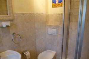 ein Badezimmer mit Dusche, Toilette und Waschbecken in der Unterkunft Ferienhaus Silwai 20b in Tinnum