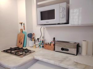 a kitchen counter with a stove and a microwave at Sidi Bou House in Sidi Bou Saïd