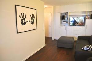 沙博伊茨Residenz Ostseestrand Ferienwohnung Nr 15 Meerblick的客厅里有一张沙发和一台电视