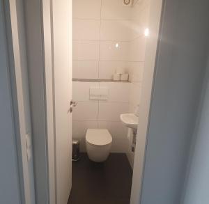 een kleine badkamer met toilet en wastafel bij FeWo Weishaupt in Tettnang