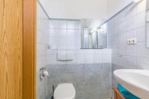 a bathroom with a toilet and a sink and a mirror at Haus Tarnewitz, Ferienwohnung 04 in Tarnewitz +8 photos