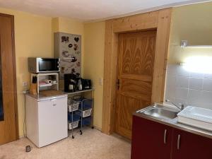 a kitchen with a sink and a refrigerator and a door at Ferienwohnung mit Garten und Ostseenähe OVS 111 in Rakow