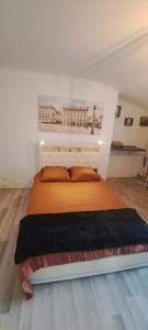 a bedroom with a large bed with an orange blanket at Le P'tit Jeanne d'Arc Logements Insolites in Nancy +7 photos