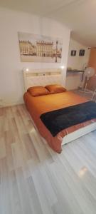 a bedroom with a large bed and a wooden floor at Le P'tit Jeanne d'Arc Logements Insolites in Nancy