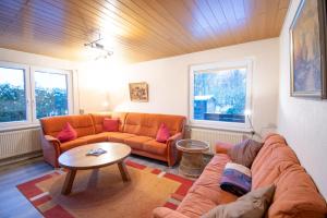 un salon avec un canapé et une table dans l'établissement Ferienhaus Deichstern, à Hoddersdeich