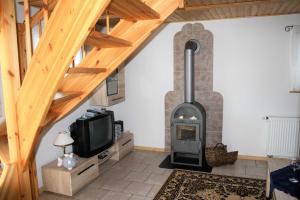 sala de estar con estufa de leña y TV en Rügen Fewo 181, en Wiek auf Rügen