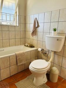 un baño con inodoro y bañera en Niizala Apartments, en Windhoek