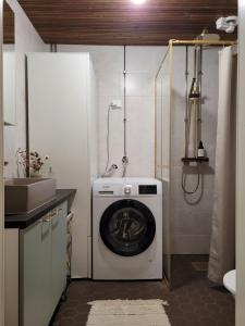 una lavadora en un baño con lavabo en Villa Haave, en Kotka
