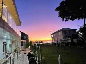 a dog standing behind a fence in front of a house at apartamentos miss nicole in San Andrés