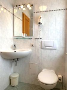 a bathroom with a sink and a toilet and a mirror at Süderhaus Hiddensee App 1 in Neuendorf
