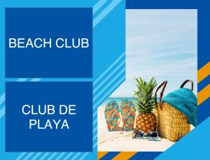 un volantino del beach club club be playa con ananas e occhiali da sole di GRAND CARIBE STUDIOS and SUITES playa LOS CORALES a Punta Cana