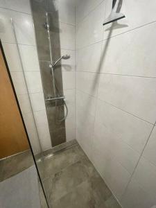 a shower with a glass door in a bathroom at Ferienwohnung Grebe in Bad Wildungen