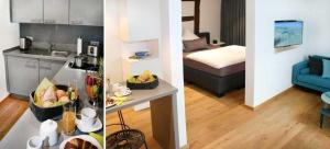 two pictures of a kitchen and a room with a bed at Adlerhorst - Boarding House in Michelstadt