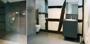 two pictures of a bathroom with a toilet and a sink at Adlerhorst - Boarding House in Michelstadt